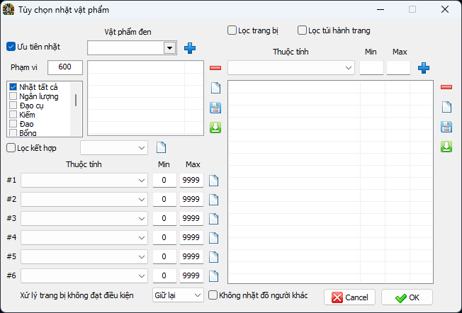 Tính năng lọc đồ